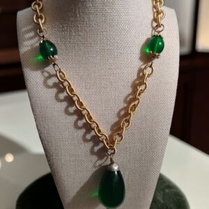 Statement Bold Lucite Green Beads and Pendant with Gold tone Neklace